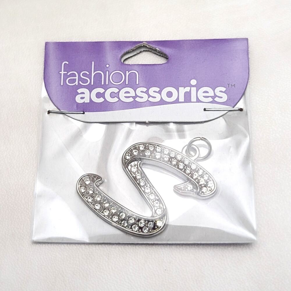 S Charm - Pendant Charm Letter S - Silver Tone & Clear Gems - New